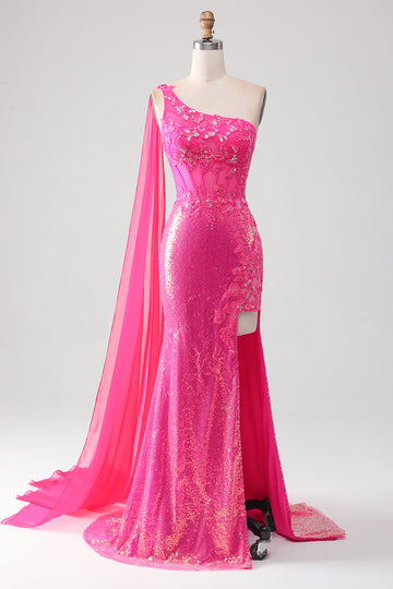 Sparkly fucsia sirena monospalla appliques abito da ballo con fessura